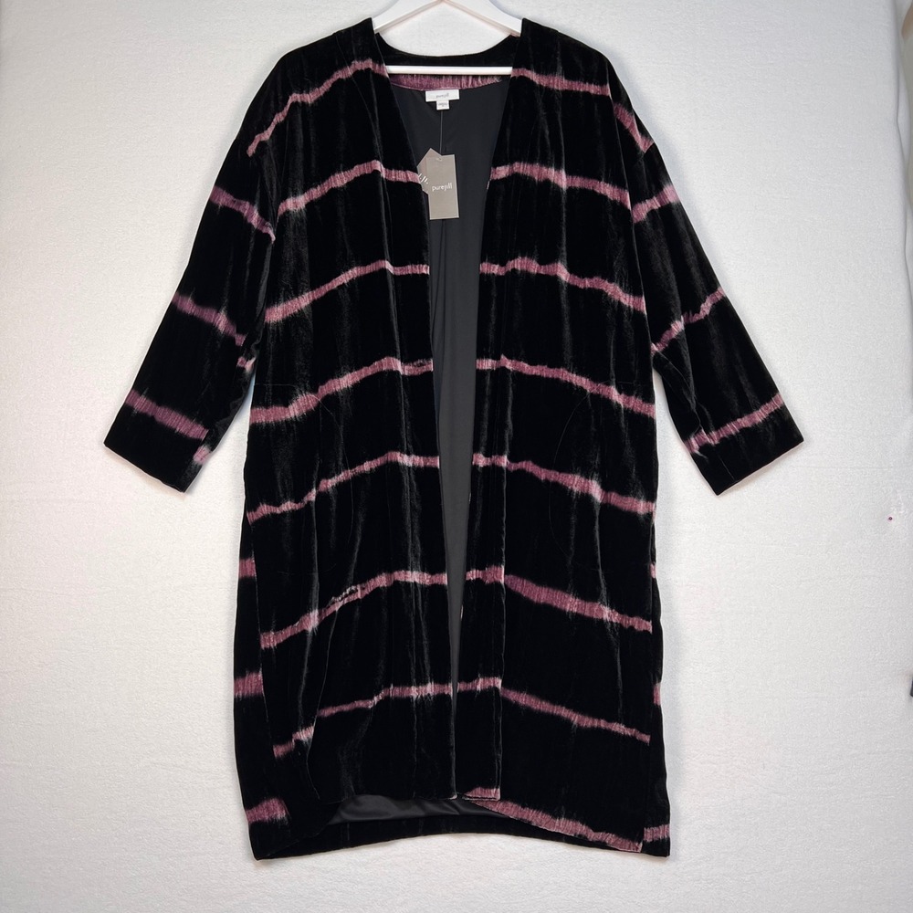 Pure Jill Velvet Kimono Jacket Womens Size M Black Violet Striped Open Front NWT